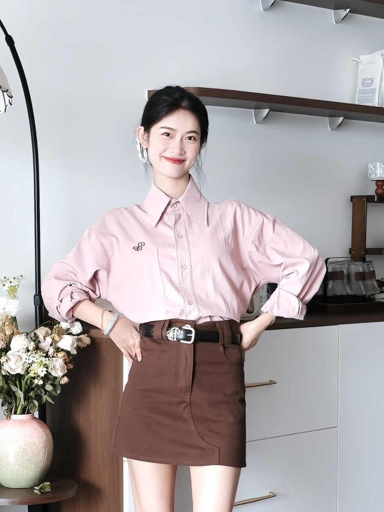 Wonderful Long Sleeve Lapel Neck Brown Mini Skirt Retro Pink Shirt 2-Piece Set Sheath Short Dress AP4013