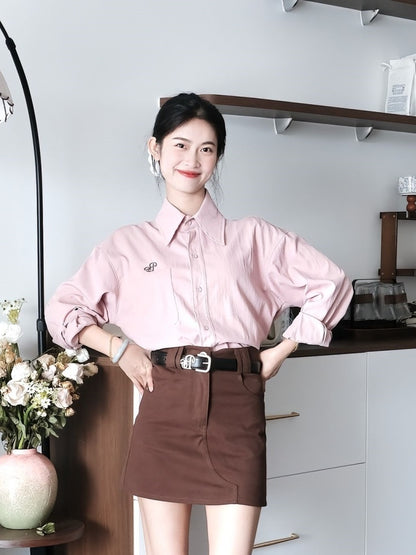Wonderful Long Sleeve Lapel Neck Brown Mini Skirt Retro Pink Shirt 2-Piece Set Sheath Short Dress AP4013