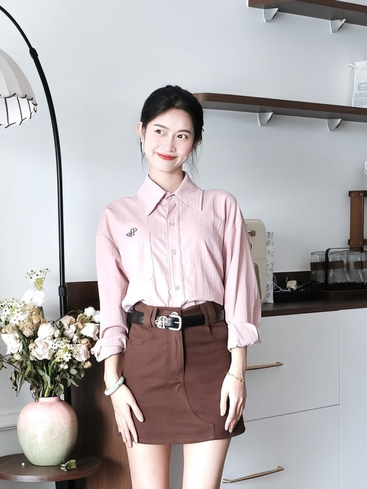 Wonderful Long Sleeve Lapel Neck Brown Mini Skirt Retro Pink Shirt 2-Piece Set Sheath Short Dress AP4013
