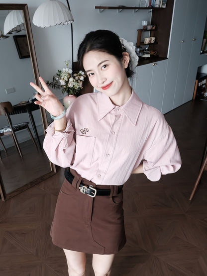 Wonderful Long Sleeve Lapel Neck Brown Mini Skirt Retro Pink Shirt 2-Piece Set Sheath Short Dress AP4013