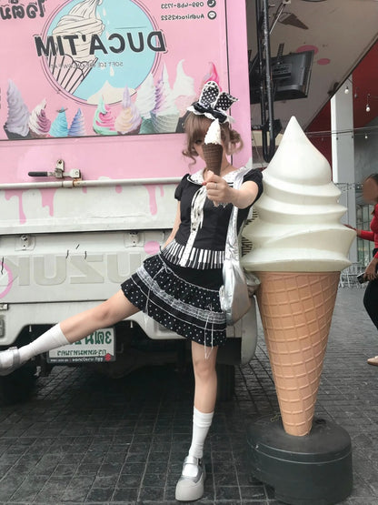 French Style Short Sleeve A-Line Mini Skirt Cute 2-Piece Set Jewel Neck Lace Trim Tiered Short Dress AP4044