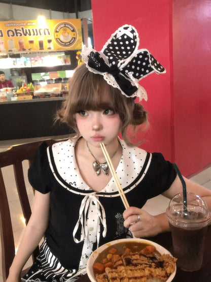 French Style Short Sleeve A-Line Mini Skirt Cute 2-Piece Set Jewel Neck Lace Trim Tiered Short Dress AP4044