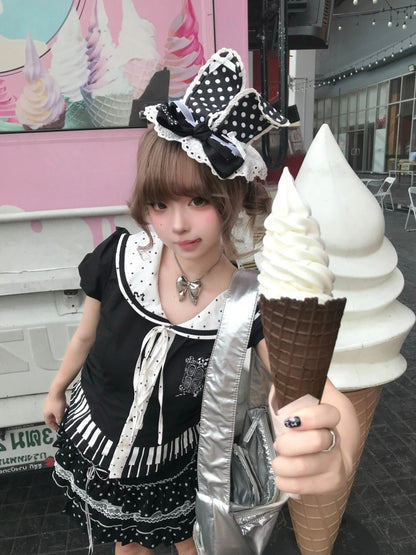 French Style Short Sleeve A-Line Mini Skirt Cute 2-Piece Set Jewel Neck Lace Trim Tiered Short Dress AP4044