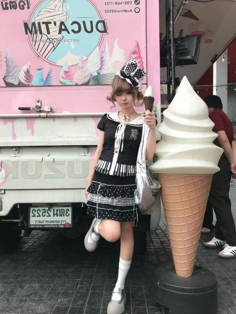 French Style Short Sleeve A-Line Mini Skirt Cute 2-Piece Set Jewel Neck Lace Trim Tiered Short Dress AP4044