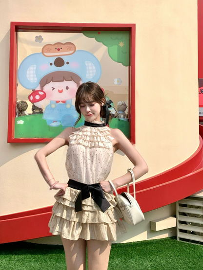 Charming A-Line 2-Piece Set Polka Dots High Collar Mini Skirt Vogue Bow Ruffles Tiered Short Dress AP4045