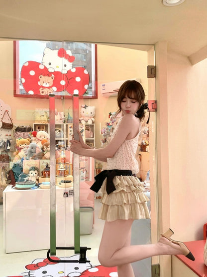 Charming A-Line 2-Piece Set Polka Dots High Collar Mini Skirt Vogue Bow Ruffles Tiered Short Dress AP4045