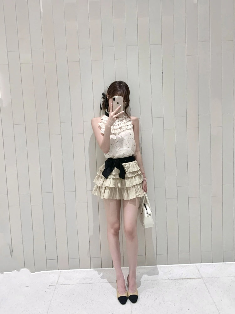 Charming A-Line 2-Piece Set Polka Dots High Collar Mini Skirt Vogue Bow Ruffles Tiered Short Dress AP4045