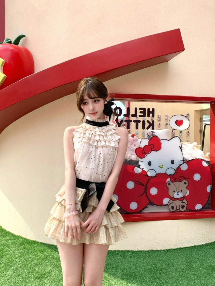 Charming A-Line 2-Piece Set Polka Dots High Collar Mini Skirt Vogue Bow Ruffles Tiered Short Dress AP4045