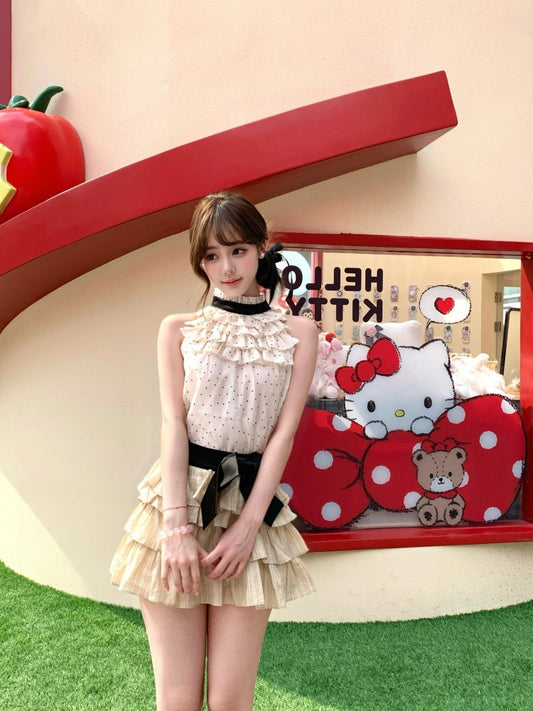 Charming A-Line 2-Piece Set Polka Dots High Collar Mini Skirt Vogue Bow Ruffles Tiered Short Dress AP4045