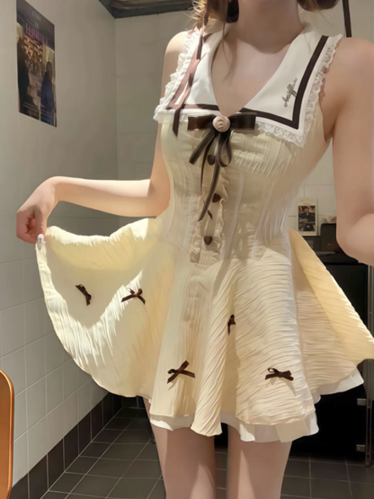 Dopamine Style A-Line V Neck Mini Skirt Cute Bows Lace Trim Cinched-Waist Short Dress AP4046