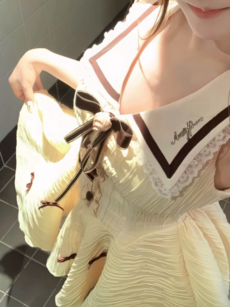 Dopamine Style A-Line V Neck Mini Skirt Cute Bows Lace Trim Cinched-Waist Short Dress AP4046