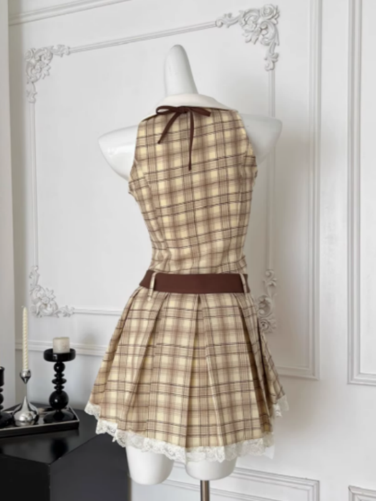 Adorable A-Line Plaid Jewel Neck Cinched-Waist Mini Skirt Modern Tie Lace Trim Short Dress AP4048