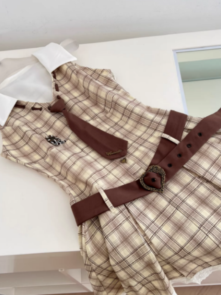 Adorable A-Line Plaid Jewel Neck Cinched-Waist Mini Skirt Modern Tie Lace Trim Short Dress AP4048