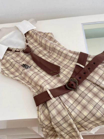 Adorable A-Line Plaid Jewel Neck Cinched-Waist Mini Skirt Modern Tie Lace Trim Short Dress AP4048