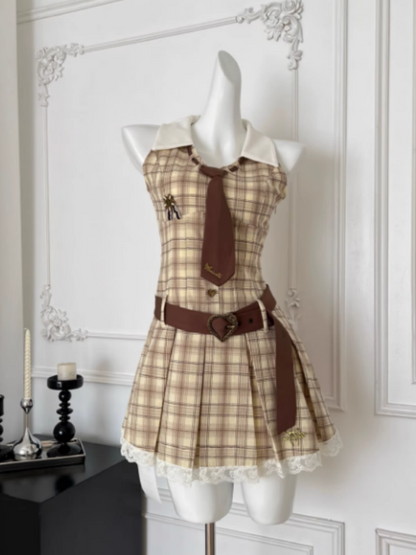 Adorable A-Line Plaid Jewel Neck Cinched-Waist Mini Skirt Modern Tie Lace Trim Short Dress AP4048