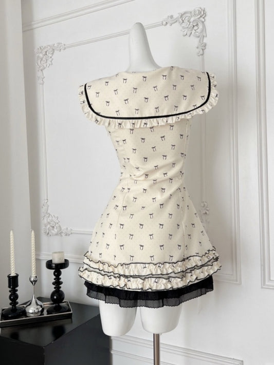 Playful A-Line Jewel Neck Cinched-Waist Mini Skirt Charming Ribbon Bow Floral Ruffles Short Dress AP4049