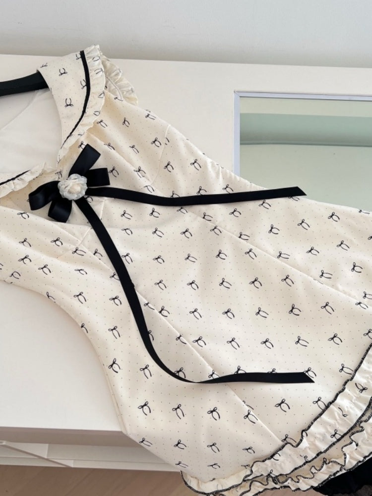 Playful A-Line Jewel Neck Cinched-Waist Mini Skirt Charming Ribbon Bow Floral Ruffles Short Dress AP4049