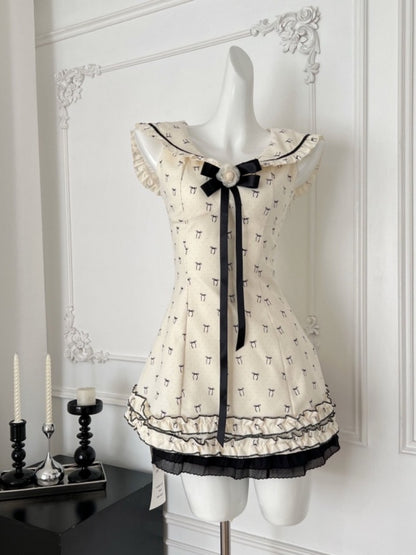 Playful A-Line Jewel Neck Cinched-Waist Mini Skirt Charming Ribbon Bow Floral Ruffles Short Dress AP4049