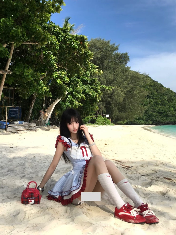 Stylish Jewel Neck A-Line Cinched-Waist Mini Skirt Sweet Bow Ruffles Lace Trim Plaid Short Dress AP4050