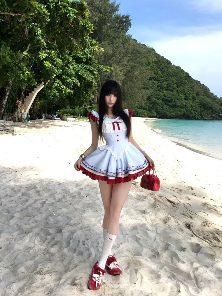 Stylish Jewel Neck A-Line Cinched-Waist Mini Skirt Sweet Bow Ruffles Lace Trim Plaid Short Dress AP4050