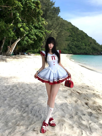 Stylish Jewel Neck A-Line Cinched-Waist Mini Skirt Sweet Bow Ruffles Lace Trim Plaid Short Dress AP4050