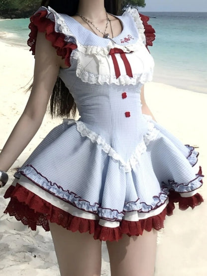 Stylish Jewel Neck A-Line Cinched-Waist Mini Skirt Sweet Bow Ruffles Lace Trim Plaid Short Dress AP4050