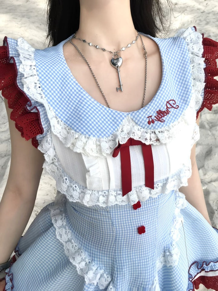 Stylish Jewel Neck A-Line Cinched-Waist Mini Skirt Sweet Bow Ruffles Lace Trim Plaid Short Dress AP4050