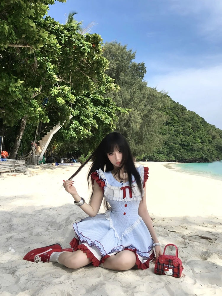 Stylish Jewel Neck A-Line Cinched-Waist Mini Skirt Sweet Bow Ruffles Lace Trim Plaid Short Dress AP4050