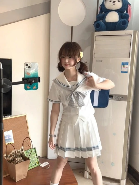 Fitted Sailor Collar A-Line Mini Skirt Charming Short Sleeve Bow Pleated Short Dress AP4051