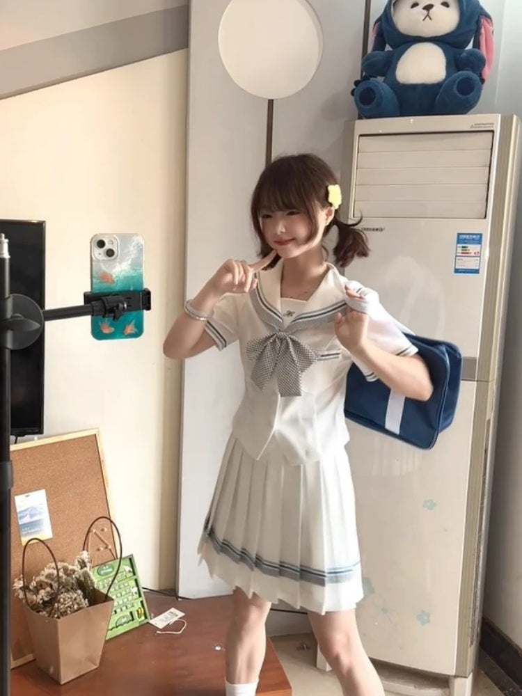 Fitted Sailor Collar A-Line Mini Skirt Charming Short Sleeve Bow Pleated Short Dress AP4051