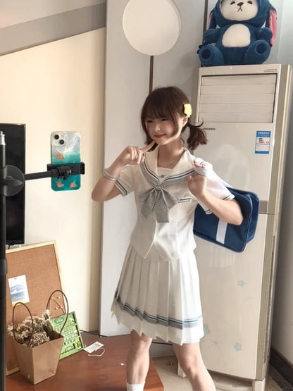 Fitted Sailor Collar A-Line Mini Skirt Charming Short Sleeve Bow Pleated Short Dress AP4051