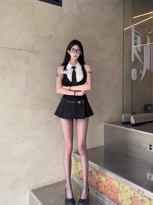 Trendy A-Line Uniform Lapel Neck Cinched-Waist Mini Skirt Simple 2-Piece Set Black Tie Short Dress AP4053