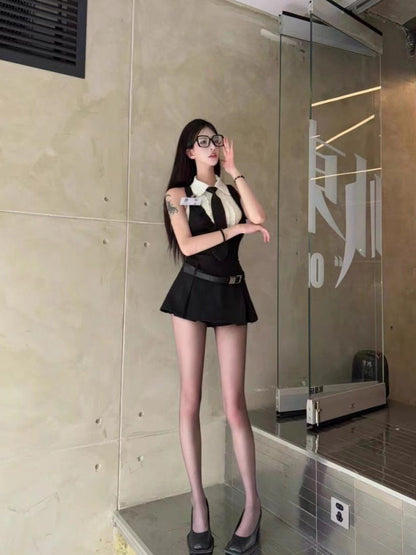 Trendy A-Line Uniform Lapel Neck Cinched-Waist Mini Skirt Simple 2-Piece Set Black Tie Short Dress AP4053