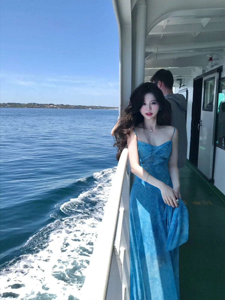 Minimalist Sheath Floral Print Blue Maxi Dress Trendy Spaghetti Straps Vacays Photoshoot Long Dress AP4054