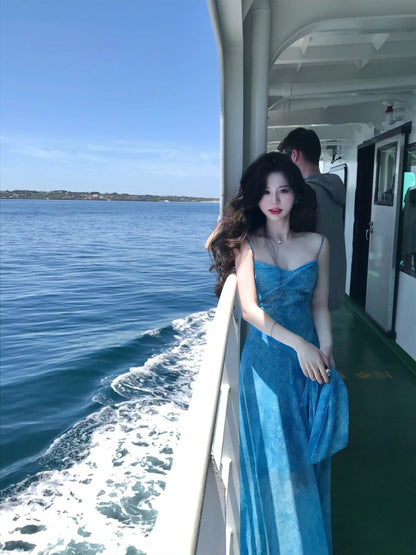 Minimalist Sheath Floral Print Blue Maxi Dress Trendy Spaghetti Straps Vacays Photoshoot Long Dress AP4054