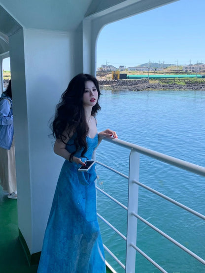 Minimalist Sheath Floral Print Blue Maxi Dress Trendy Spaghetti Straps Vacays Photoshoot Long Dress AP4054