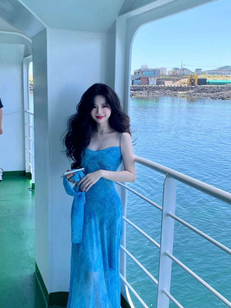 Minimalist Sheath Floral Print Blue Maxi Dress Trendy Spaghetti Straps Vacays Photoshoot Long Dress AP4054