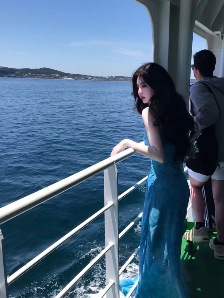 Minimalist Sheath Floral Print Blue Maxi Dress Trendy Spaghetti Straps Vacays Photoshoot Long Dress AP4054