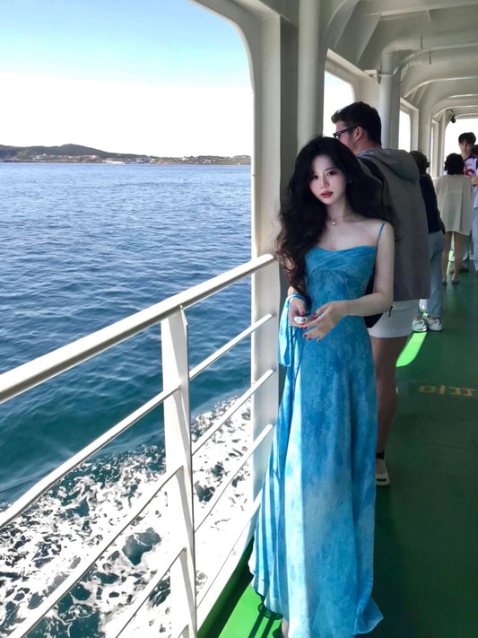 Minimalist Sheath Floral Print Blue Maxi Dress Trendy Spaghetti Straps Vacays Photoshoot Long Dress AP4054