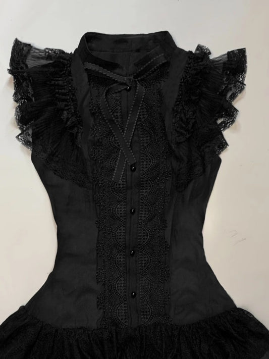 Attractive A-Line Jewel Neck Mini Skirt Vogue Black Ruffles Lace Trim Tiered Short Dress AP4055