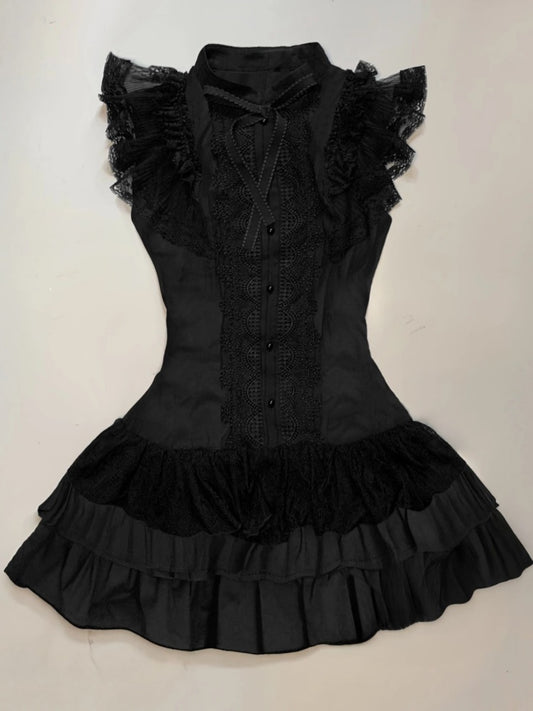Attractive A-Line Jewel Neck Mini Skirt Vogue Black Ruffles Lace Trim Tiered Short Dress AP4055