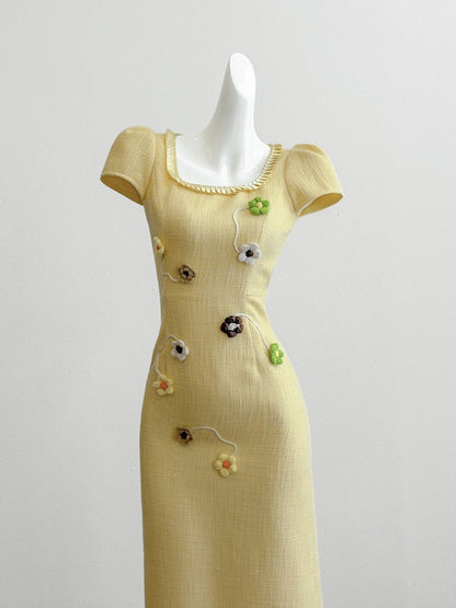 Sexy Short Sleeve Sheath Yellow Maxi Skirt Romantic 3D Floral Square Neck Long Dress AP4056