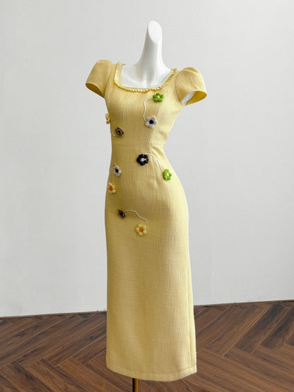 Sexy Short Sleeve Sheath Yellow Maxi Skirt Romantic 3D Floral Square Neck Long Dress AP4056