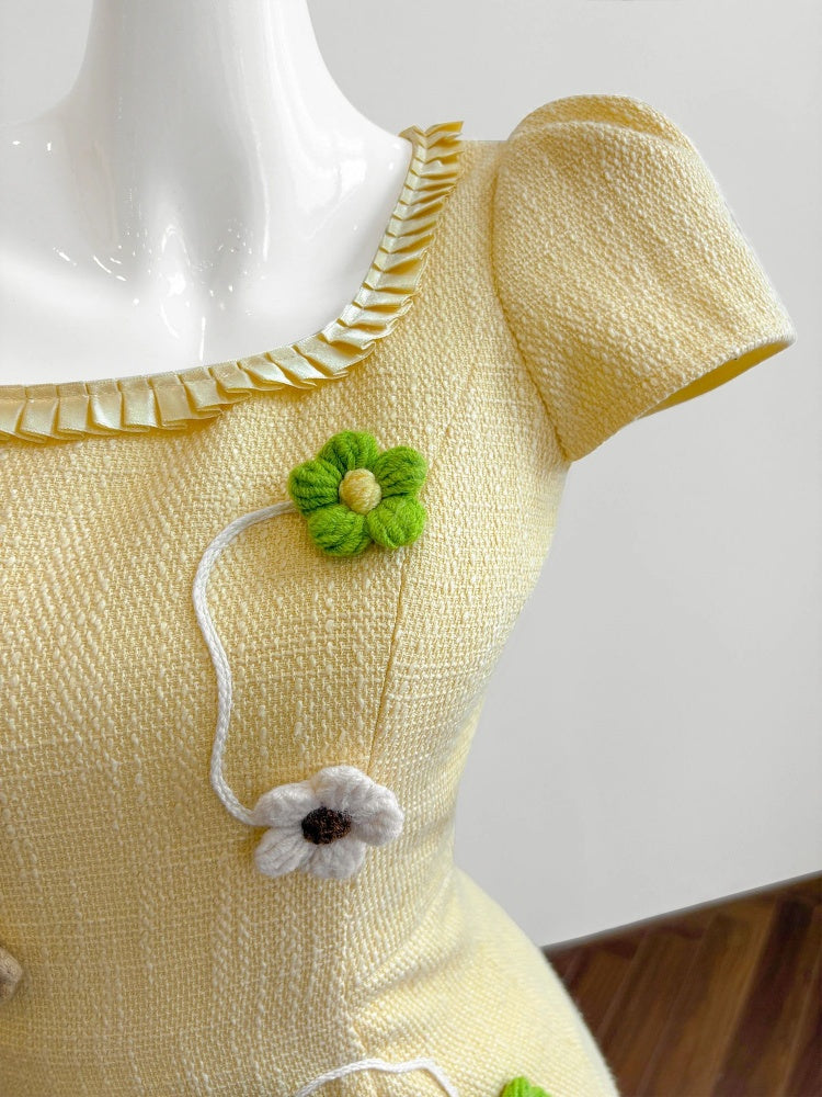 Sexy Short Sleeve Sheath Yellow Maxi Skirt Romantic 3D Floral Square Neck Long Dress AP4056