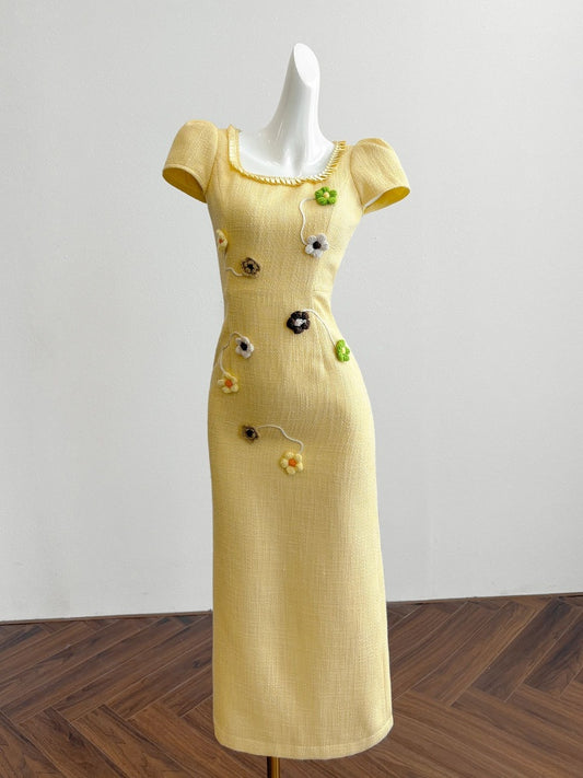 Sexy Short Sleeve Sheath Yellow Maxi Skirt Romantic 3D Floral Square Neck Long Dress AP4056