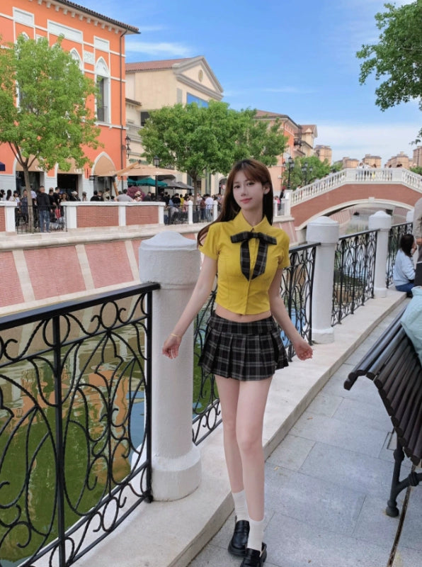 Vogue 2-Piece Set A-Line Plaid Mini Skirt Vibrant Yellow Shirt  Lapel Neck Bow Pleated Short Dress AP4057