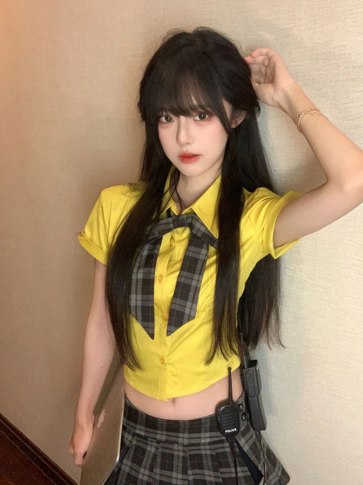 Vogue 2-Piece Set A-Line Plaid Mini Skirt Vibrant Yellow Shirt  Lapel Neck Bow Pleated Short Dress AP4057