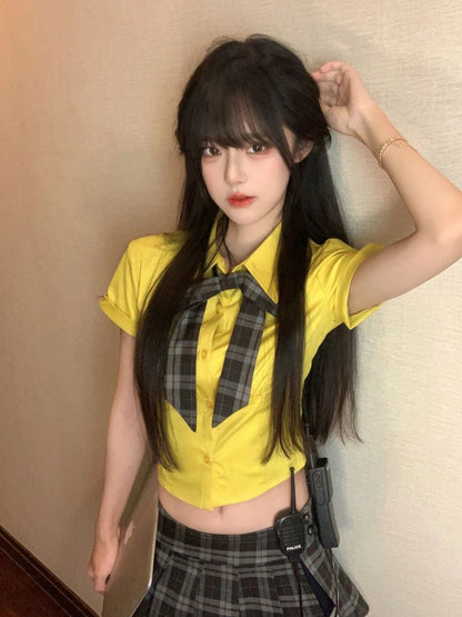 Vogue 2-Piece Set A-Line Plaid Mini Skirt Vibrant Yellow Shirt  Lapel Neck Bow Pleated Short Dress AP4057