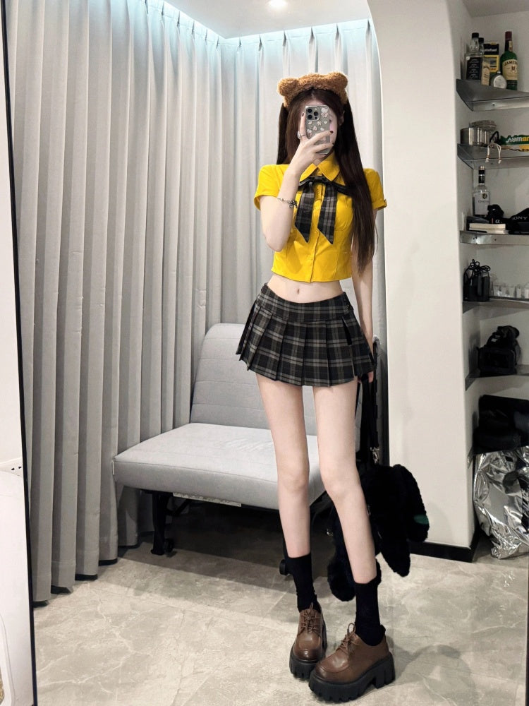 Vogue 2-Piece Set A-Line Plaid Mini Skirt Vibrant Yellow Shirt  Lapel Neck Bow Pleated Short Dress AP4057