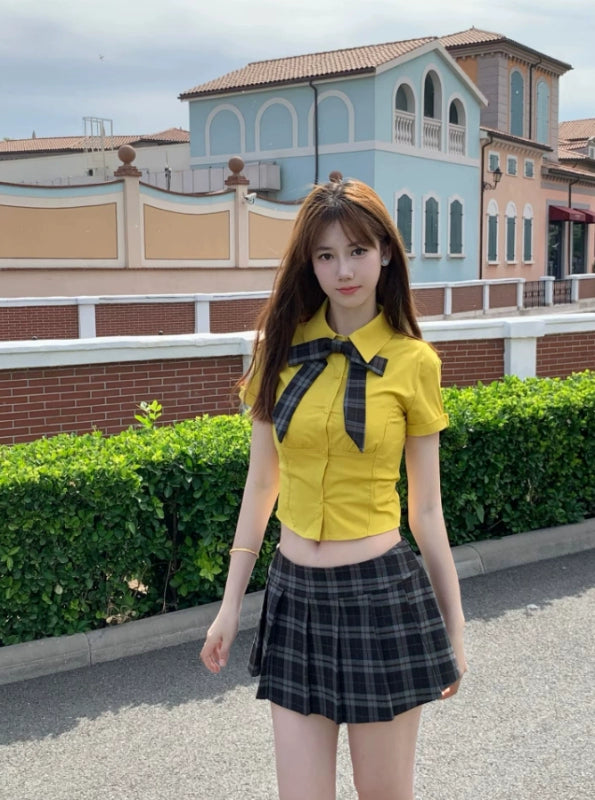 Vogue 2-Piece Set A-Line Plaid Mini Skirt Vibrant Yellow Shirt  Lapel Neck Bow Pleated Short Dress AP4057